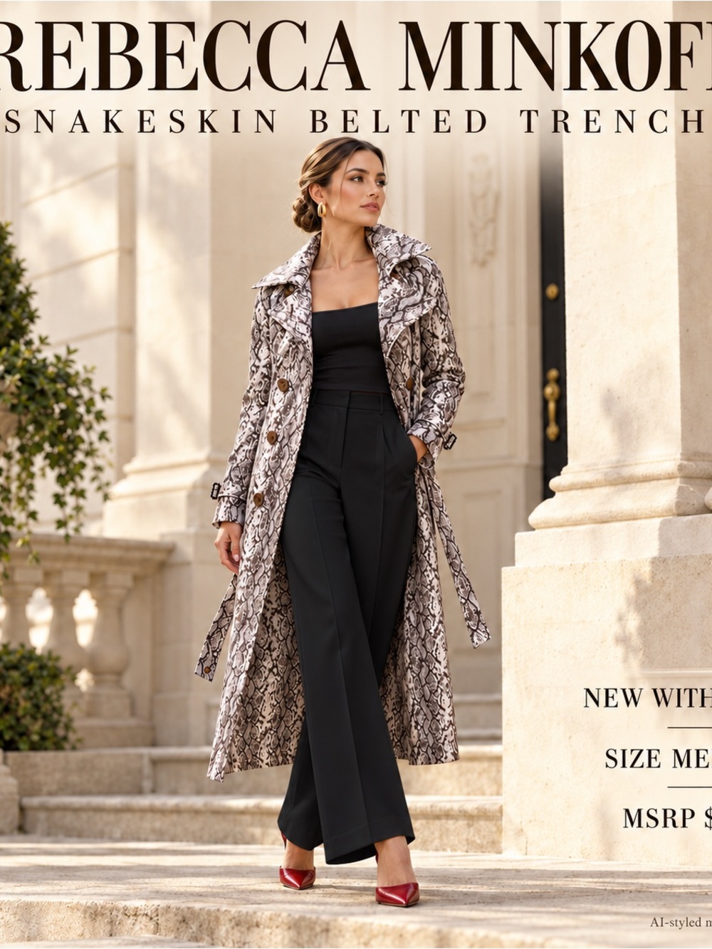 NWT Rebecca Minkoff Snakeskin Belted Trench Coat Medium MSRP $298